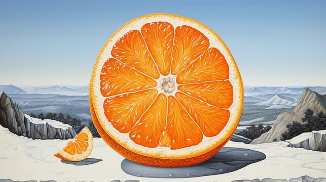A cross-section of an orange, emphasizing its juicy vesicles and vibrant color, against a sharp white landscape.