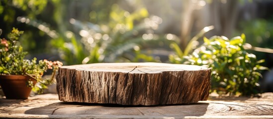 Using a tree stump in a nature park as a table to display products with a smooth trunk and a drooping branch against a backdrop of trees and sunlight on holiday