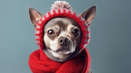 Cute Dog Dressed in a Red Scarf and Hat