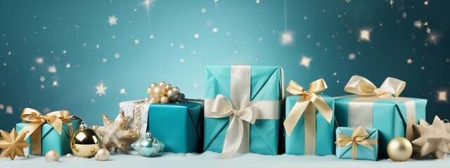 Christmas or birthday monotone background with turquoise presents and gold ribbon on turquoise background with stars. Advertising banner with space for text, copy space