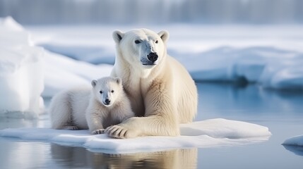  Ursus maritimus habitat. White polar bear with cub in Arctic wildlife.  Mother and his baby. North Pole environment. Snowy icy landscape. Ecology concept - obrazy, fototapety, plakaty