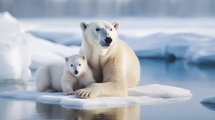 Poster Im Rahmen  Ursus maritimus habitat. White polar bear with cub in Arctic wildlife.  Mother and his baby. North Pole environment. Snowy icy landscape. Ecology concept © alesia0604