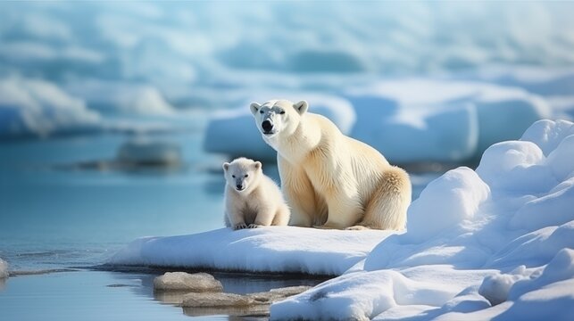 White polar bear with cub in Arctic wildlife.  Mother and his baby. Ursus maritimus habitat. North Pole environment. Snowy icy landscape. Ecology concept
