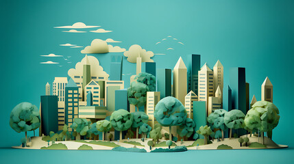 3D paper model of city with trees and buildings. Generative Ai - obrazy, fototapety, plakaty