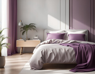 Modern bedroom interior wit purple accents.