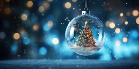 Fototapeta na wymiar Christmas Tree inside snow ball hanging on fir branch