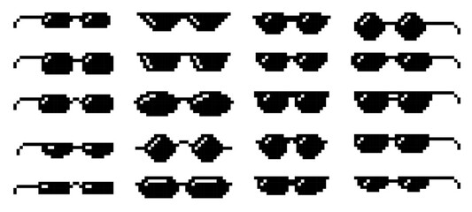 Black glasses pixel art icons. Boss sunglasses, 8 bit spectacles and summer style eyeglasses shapes vector set