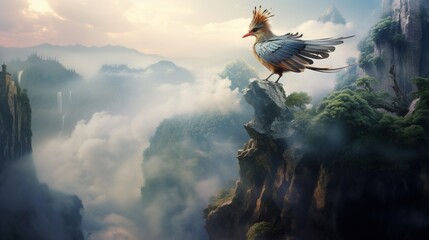 A crown bird perched on a cliff edge, overlooking a vast valley filled with mist and mystery. - obrazy, fototapety, plakaty