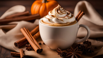 Close-up of pumpkin spice latte with with cinnamon and anise stars.