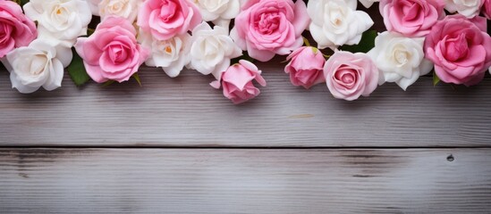 White and pink small roses on painted wooden planks with space for text
