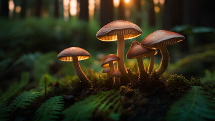 Fototapeta premium Closeup of a red mushroom in the forest at sunset.