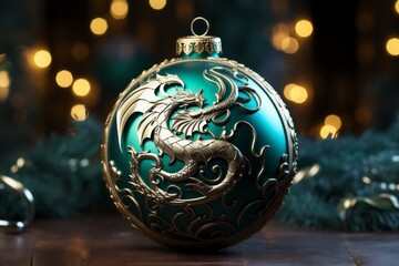 Green christmas ball with a engraved image of a dragon, symbol of the year 2024
