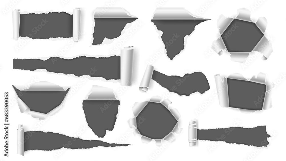 Poster torn paper with curled corner. ragged page hole, ripped sheet of paper with rolled edge realistic 3d