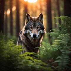 Portrait of a wolf among ferns in the forest at sunset.