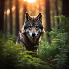 Deurstickers Portrait of a wolf among ferns in the forest at sunset. © Katarzyna