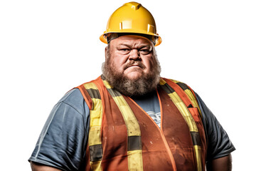 Portrait of construction worker Overweight man in engineer uniform on transparent background - obrazy, fototapety, plakaty