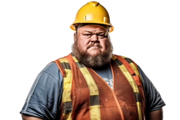 Portrait of construction worker Overweight man in engineer uniform on transparent background