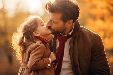 portrait father and daughter kissing  in autumn outdoor - obrazy, fototapety, plakaty