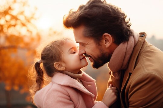 portrait father and daughter kissing  in autumn outdoor