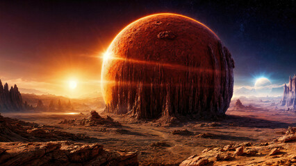 Alien planet landscape with glowing sun and mountains with fantastic rocks formations 3d illustration. - obrazy, fototapety, plakaty
