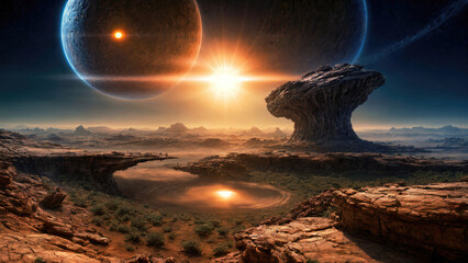 Alien planet landscape with glowing sun and mountains with fantastic rocks formations 3d illustration. - obrazy, fototapety, plakaty