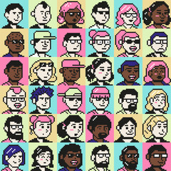 Pixel art portrait userpic icons. 8 bit people faces, young pixelated people avatars and retro game characters vector illustration set