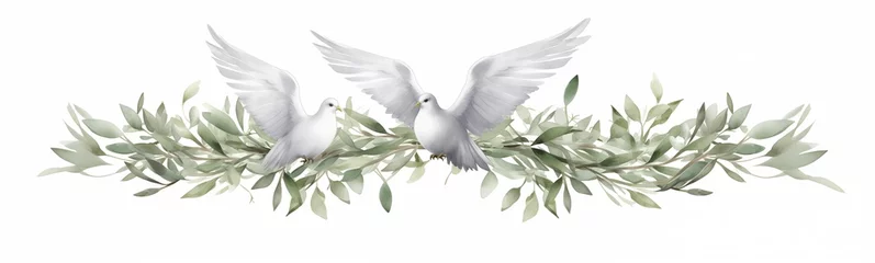 Foto op Canvas Beautiful peace and freedom symbol illustration, white doves and olive branches, harmony animal and nature design pattern, page decoration, purity and love concept drawing isolated on white background © Muriel