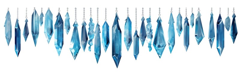 Beautiful garland of blue crystals hanging from a silver chain, magic pendulum decorative frieze, gems or melting snow, icicles or ice ornament, light dream-like chimes, wind and mineral music beauty - obrazy, fototapety, plakaty
