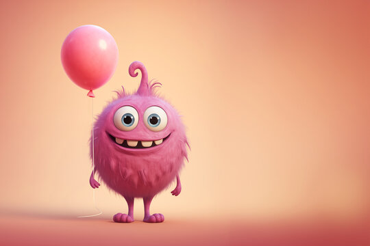 Cute funny pink monster holding a balloon, fun love and Valentine's day, funny kid birthday greeting card with copy space