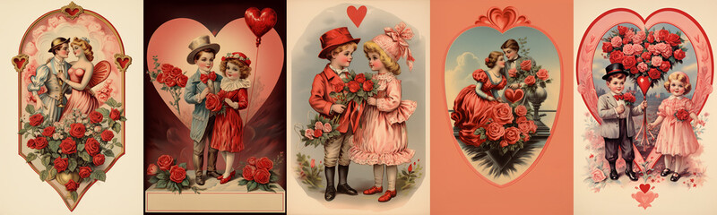 Set of vintage antique style Valentine's day greeting cards with cute lovers, children, red roses, balloons and hearts - obrazy, fototapety, plakaty
