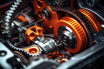 Engine with cogwheels and gears working. Industrial close-up