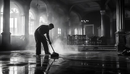 Worker polishes hard floor with high-speed polishing machine