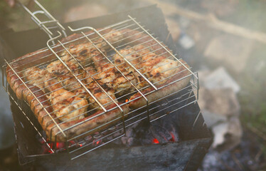 Shish kebabs from chicken wings are fried in the field. A classic barbecue in the open air. The...