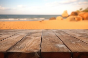 The empty wooden brown table top with blur background of a beach.