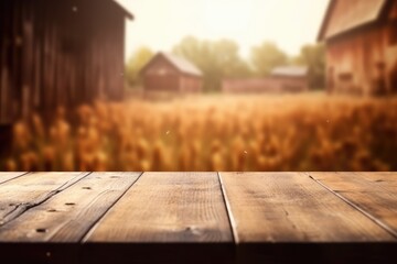 The empty wooden brown table top with blur background of farm and barn - obrazy, fototapety, plakaty