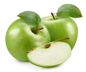 Fresh green apple fruit with leaf isolated