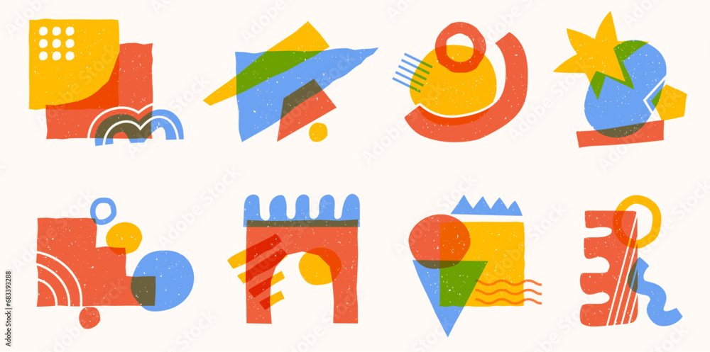 Poster geometric shapes with risograph effect. retro abstract compositions with cmyk print overlay and grun