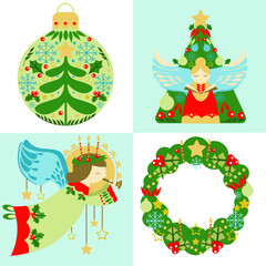 Christmas paraphernalia in ornament style Wreath with angel and Christmas tree.