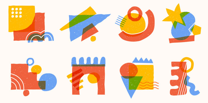 Geometric shapes with risograph effect. Retro abstract compositions with cmyk print overlay and grunge texture vector set