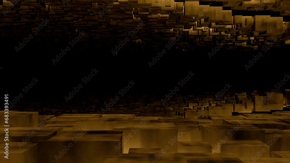 Poster flying inside horizontal endless dark tunnel with mirror reflection effect. design. geometric corrid