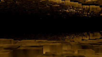 Flying inside horizontal endless dark tunnel with mirror reflection effect. Design. Geometric corridor of cubic shapes.