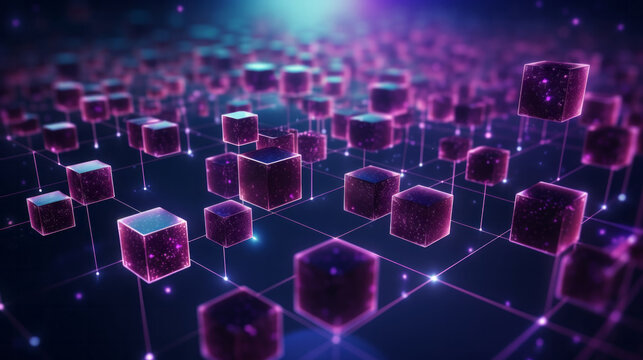 Abstract, blockchain and online storage technology for data, security and network connection. Neon, glow and purple squares on black background illustration for matrix, metaverse and cyberspace