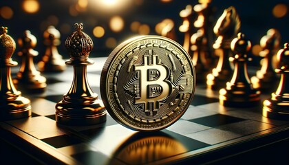 The image features a glossy golden Bitcoin coin prominently displayed in front of a set of elegantly crafted chess pieces on a chessboard, symbolizing the strategic nature of cryptocurrency investment - obrazy, fototapety, plakaty