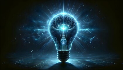 The image features a lightbulb with a glowing filament and intricate patterns of light surrounding it, creating a dynamic and radiant effect against a dark background.