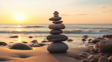 Pyramids of gray zen pebble meditation stones sea or ocean sand beach sunset or sunrise background. Concept of harmony, balance and meditation, spa, massage, relax.