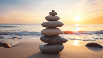 Obraz na płótnie Canvas Pyramids of gray zen pebble meditation stones sea or ocean sand beach sunset or sunrise background. Concept of harmony, balance and meditation, spa, massage, relax.