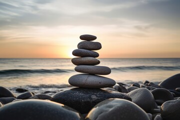 Pyramids of gray zen pebble meditation stones sea or ocean sand beach sunset or sunrise background. Concept of harmony, balance and meditation, spa, massage, relax.