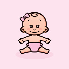 Vector color image of cute sitting baby girl with diaper.