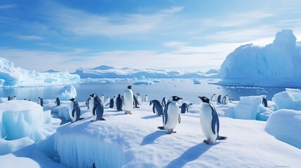 Group of penguins waddling across a vast, icy expanse, their fluffy bodies perfectly adapted to the harsh Antarctic climate.