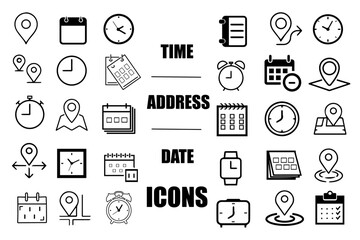 Date, time and address icon set. Event elements isolated on transparent background. Calendar, address location pointer icon. Web icons set. Black & white vector illustration. 